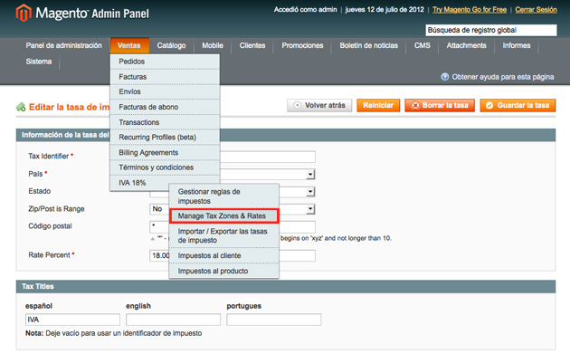 Cambiar el IVA en Magento