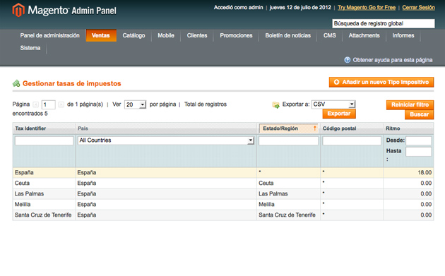 Cambiar el IVA en Magento