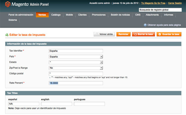 Cambiar el IVA en Magento
