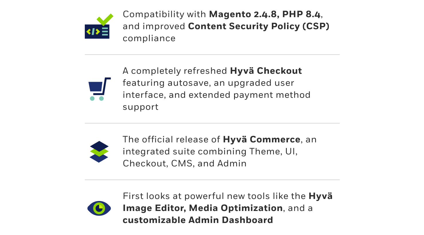 Compatibility with Magento 2.4.8, PHP 8.4, and improved Content Security Policy (CSP) compliance A completely refreshed Hyvä Checkout featuring autosave, an upgraded user interface, and extended payment method support The official release of Hyvä Commerce, an integrated suite combining Theme, UI, Checkout, CMS, and Admin First looks at powerful new tools like the Hyvä Image Editor, Media Optimization, and a customizable Admin Dashboard