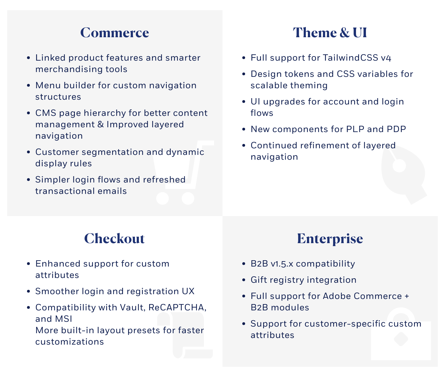 🛍️ Commerce Linked product features and smarter merchandising tools Menu builder for custom navigation structures CMS page hierarchy for better content management & Improved layered navigation Customer segmentation and dynamic display rules Simpler login flows and refreshed transactional emails   🎨 Theme & UI Full support for TailwindCSS v4 Design tokens and CSS variables for scalable theming UI upgrades for account and login flows New components for PLP and PDP Continued refinement of layered navigation   🛒 Checkout Enhanced support for custom attributes Smoother login and registration UX Compatibility with Vault, ReCAPTCHA, and MSI More built-in layout presets for faster customizations   🏢 Enterprise Features B2B v1.5.x compatibility Gift registry integration Full support for Adobe Commerce + B2B modules Support for customer-specific custom attributes