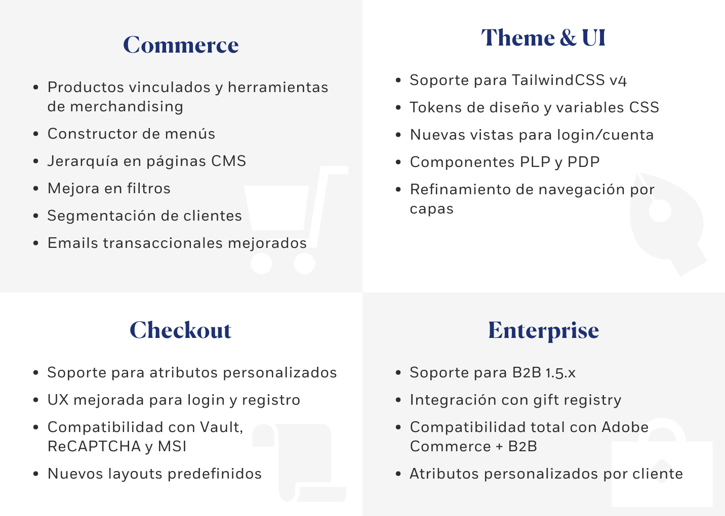 🛍 Commerce Productos vinculados y herramientas de merchandising   Constructor de menús   Jerarquía en páginas CMS   Mejora en filtros   Segmentación de clientes   Emails transaccionales mejorados   🎨 Theme & UI Soporte para TailwindCSS v4   Tokens de diseño y variables CSS   Nuevas vistas para login/cuenta   Componentes PLP y PDP   Refinamiento de navegación por capas   🛒 Checkout Soporte para atributos personalizados   UX mejorada para login y registro   Compatibilidad con Vault, ReCAPTCHA y MSI   Nuevos layouts predefinidos   🏢 Enterprise Soporte para B2B 1.5.x   Integración con gift registry   Compatibilidad total con Adobe Commerce + B2B   Atributos personalizados por cliente